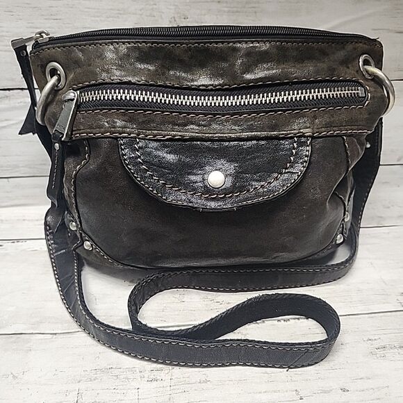 VINTAGE FOSSIL Brown Black Genuine Leather Crossbody Bag Boho-Grunge - Picture 2 of 15